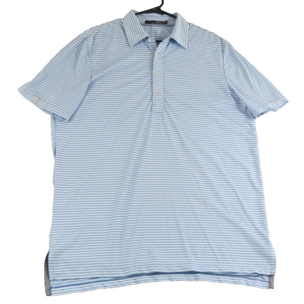 RLX Ralph Lauren Golf Men L Blue White Striped Performance Jersey Polo Shirt EUC